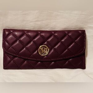 Badgley Quilted Plum Vegan Leather Long Thin Wallet/Cardholder with Gold Accent.